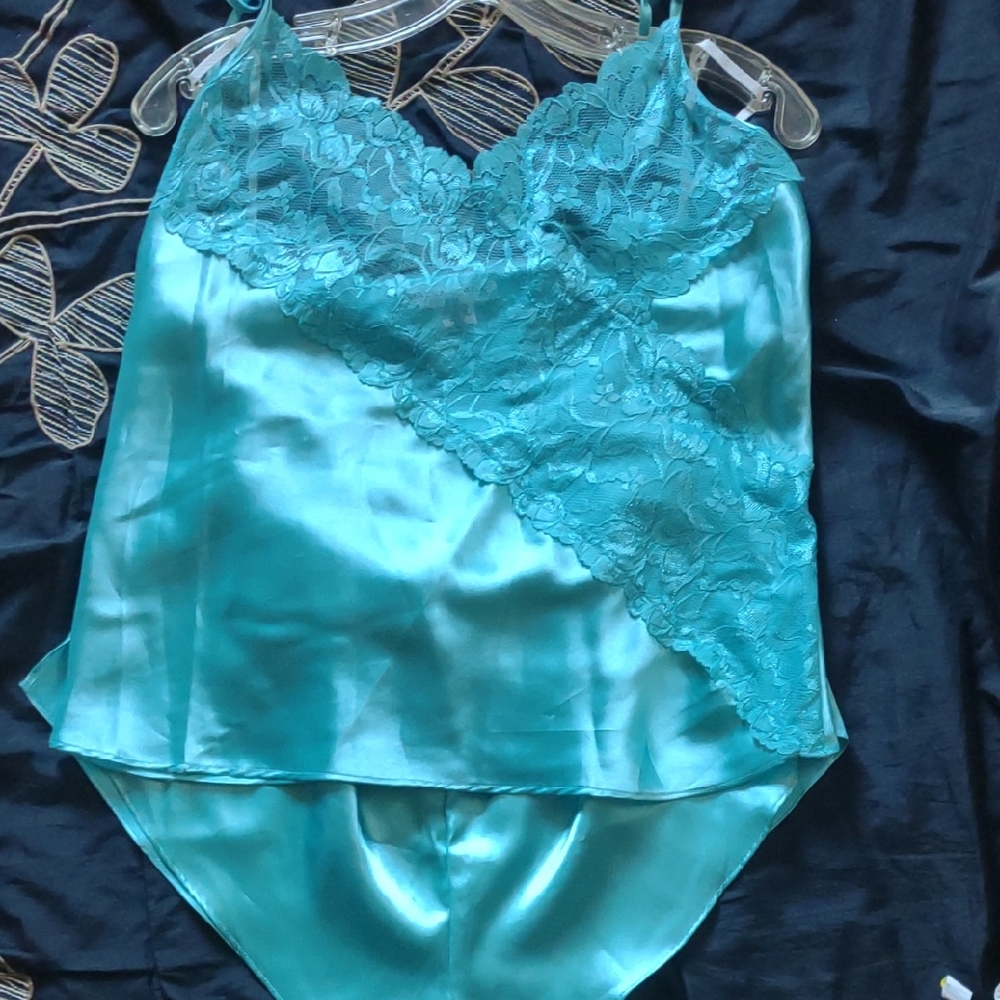 Elegant Teal Lace Satin Chemise
